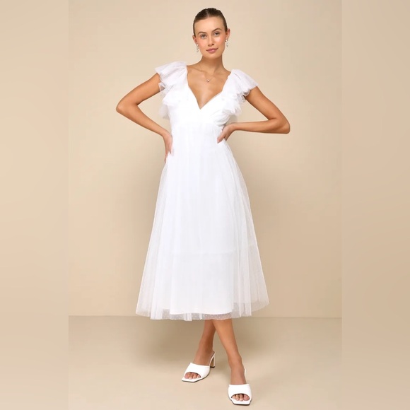 Lulus Perfect Invite White Swiss Dot Tie-Back Midi Dress - Picture 3 of 3